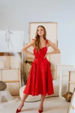 Red Fit and Flare Sundress, Summer Spaghetti Strap Dress 'Little Red Bows', Cute Midi Dress with Playful Bow Details and Hidden Pockets - Image 3