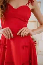 Red Fit and Flare Sundress, Summer Spaghetti Strap Dress 'Little Red Bows', Cute Midi Dress with Playful Bow Details and Hidden Pockets - Image 2