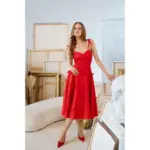 Red Fit and Flare Sundress, Summer Spaghetti Strap Dress 'Little Red Bows', Cute Midi Dress with Playful Bow Details and Hidden Pockets