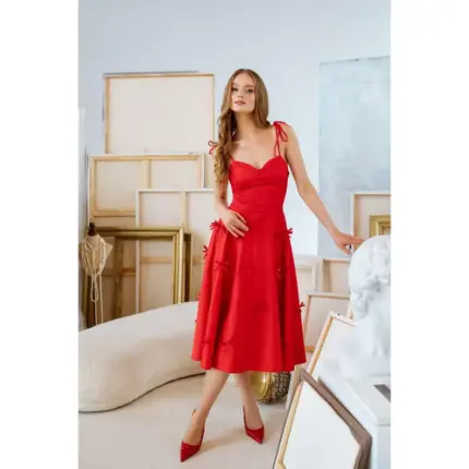 Red Fit and Flare Sundress, Summer Spaghetti Strap Dress 'Little Red Bows', Cute Midi Dress with Playful Bow Details and Hidden Pockets